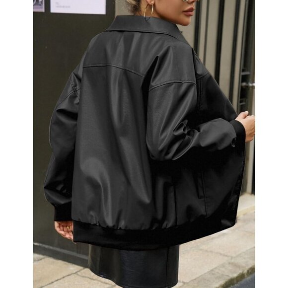 Women's Black Faux Leather Zip-Up Jacket with Ribbed Cuffs and Pockets - Picture 3 of 6